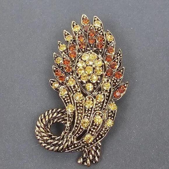 Vintage Yellow Brown Crystal Rhinestone Floral Big Brooch Pin Pendant Gold Tone‎ - Picture 12 of 13